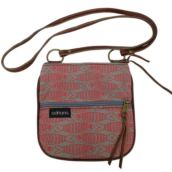 Adriana Fish Zippered Gray Red Screen Printed Fabric Crossbody - Picture 1 of 10